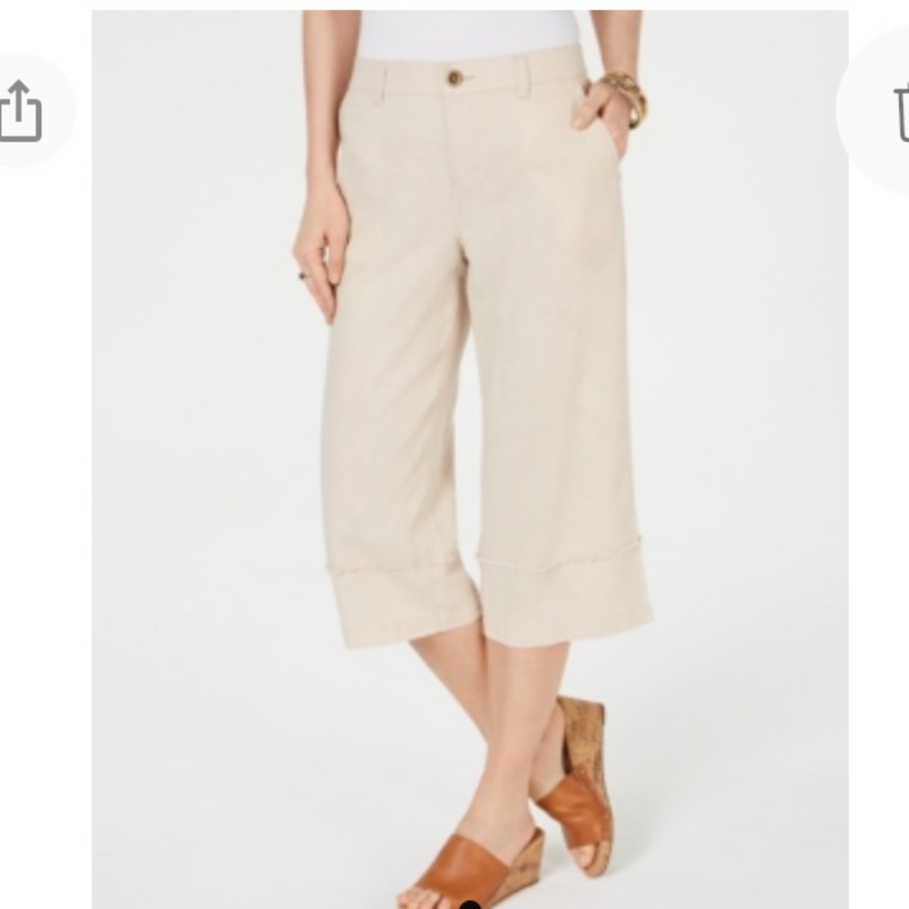 NEW Style & Co Linen Wide Leg Frayed Capri Pants, Size 14, Tan